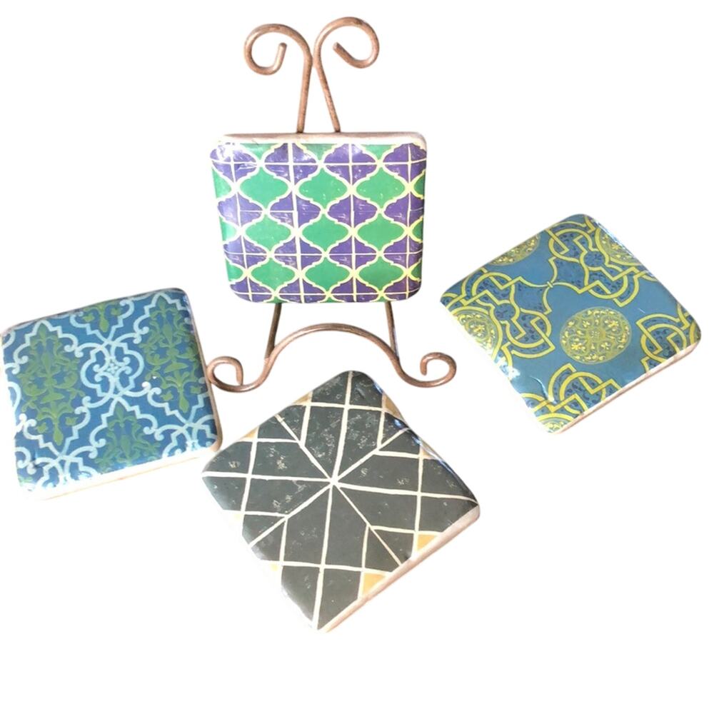 Tile Coasters w/ cork backing and Stand complete Set